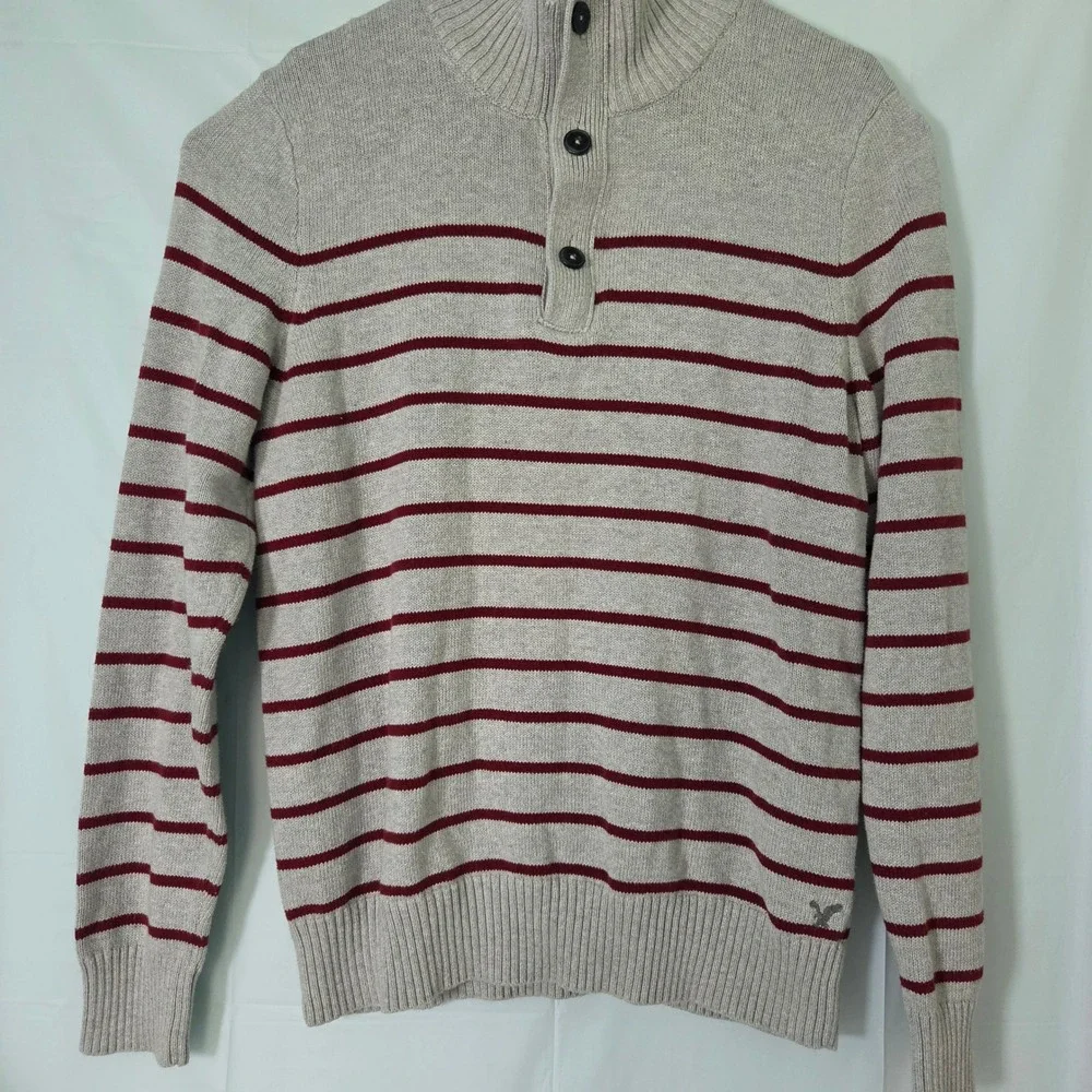 American Eagle Mens Athletic Fit Striped Mock Neck Button Zip Sweater Grey Large